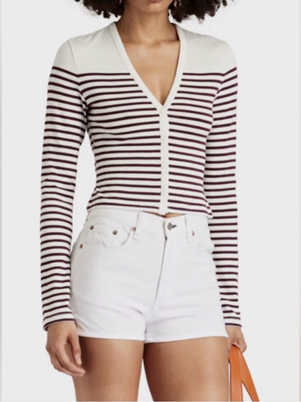 rag & bone Striped V-Neck Long Sleeve Top in White and Burgundy